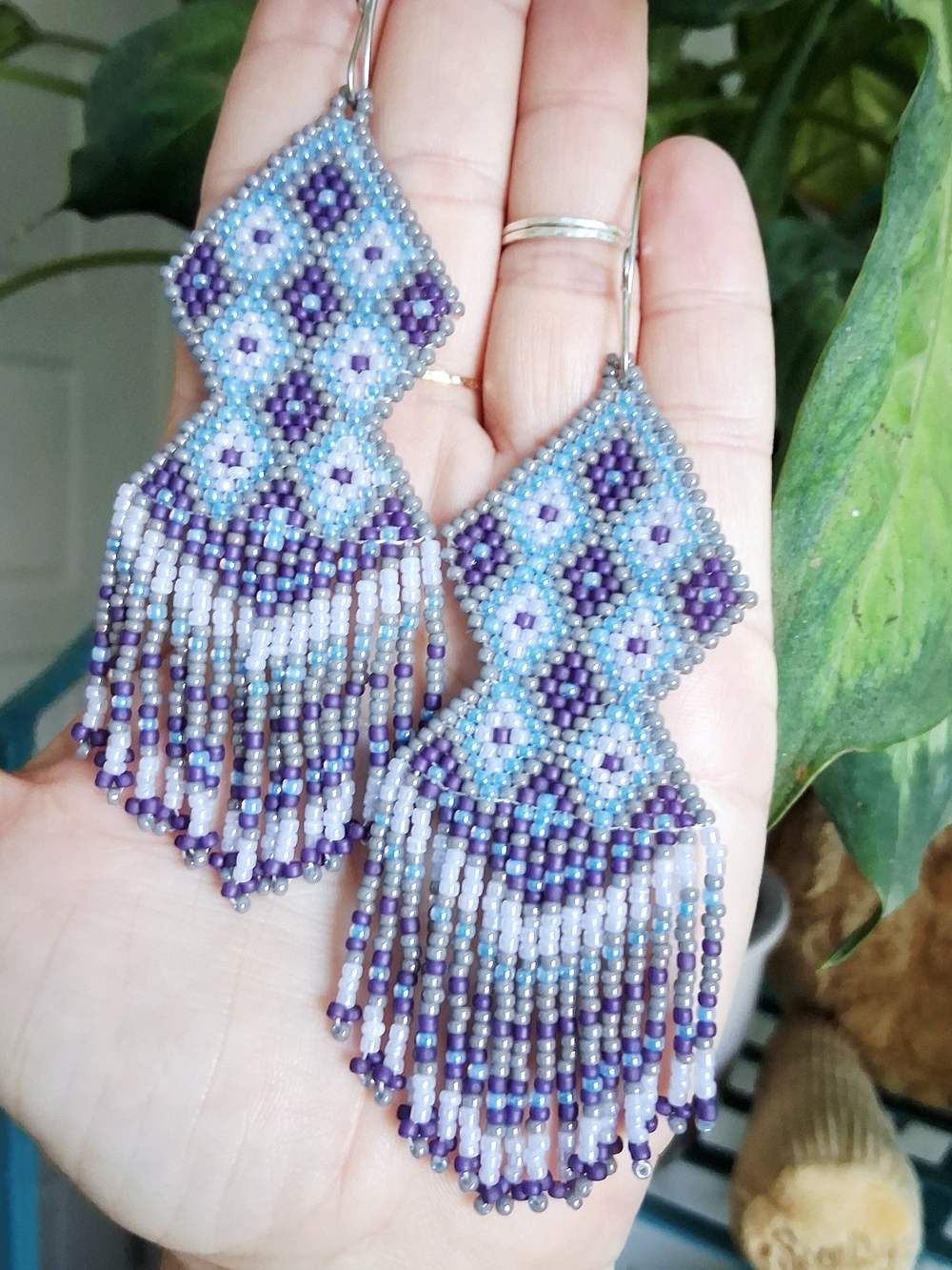 Handmade Geometric Beaded Fringe Earrings, Purple & Blue, 4.5" - Picture 4 of 7